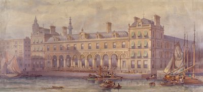 Vue du marché de Billingsgate avec des figures et des bateaux au premier plan, Londres, 1877 - CF Kell