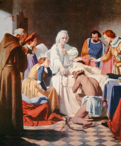 Christophe Colomb sur son lit de mort, tenant les chaînes dans lesquelles il est revenu de son troisième voyage - J.B. and Brown J. Rowbotham
