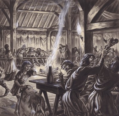 Un festin dans une salle des rois anglo-saxonne (gouache sur papier) - C.L. Doughty