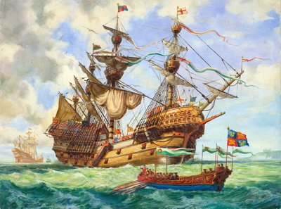 Le Great Harry, navire amiral de la flotte du roi Henri, arborant plusieurs de ses 251 canons (gouache sur papier) - C.L. Doughty