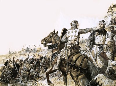 Scène de bataille non identifiée avec un soldat pointant le roi du doigt - C.L. Doughty