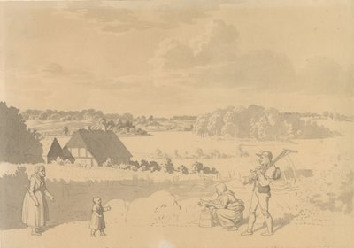 Paysage avec un lac, entouré de forêts et de champs, au premier plan des paysans jouant avec un petit enfant - Christoffer Wilhelm Eckersberg