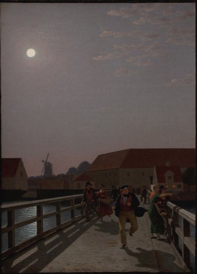 Langebro, Copenhague, au clair de lune avec des figures en mouvement - Christoffer Wilhelm Eckersberg
