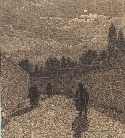 Clair de lune sur une route avec trois figures. Illustration pour "Linearperspectiven", Tableau IV - Christoffer Wilhelm Eckersberg