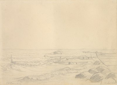 Partie de plage avec des vagues frappant des rochers et une jetée - Christoffer Wilhelm Eckersberg