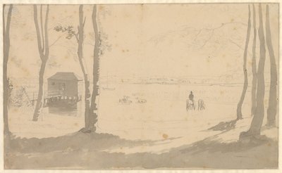 Vue sur un lac, à gauche une maison de bain, au centre des cavaliers abreuvent des chevaux, premier plan boisé - Christoffer Wilhelm Eckersberg