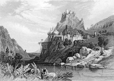 Ruines à Ettaia, dites causées par un combat entre Krishna et Kali, gravées par E. Finden, de 