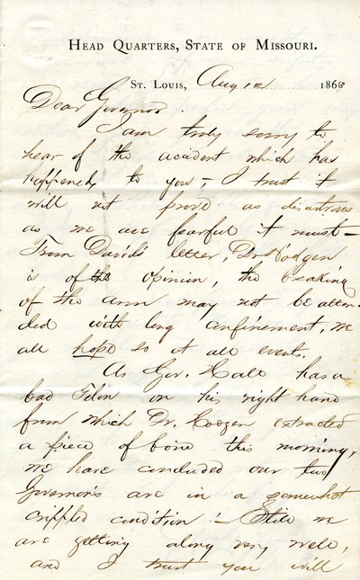 Lettre signée C.C. Bailey, Quartier Général, État du Missouri, St. Louis, au Gouverneur [Hamilton R. Gamble], 12 août 1863 - C. C. Bailey