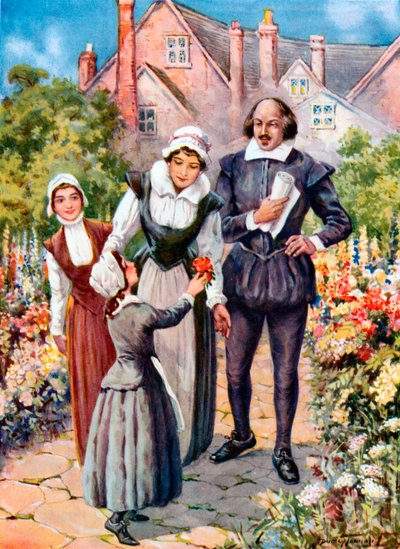 Shakespeare dans le jardin de New Place, Stratford-on-Avon (lithographie couleur) - C. Dudley (after) Tennant