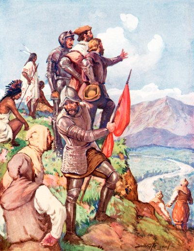 Jacques Cartier revendique le Canada pour la France (lithographie en couleur) - C. Dudley Tennant