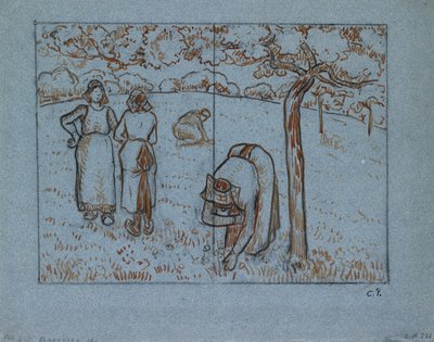 Étude compositionnelle de quatre paysannes travaillant dans un verger 