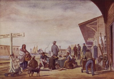 Immigrants à la gare, Toronto (lithographie couleur) - Canadian School