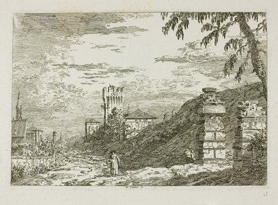 Paysage avec tour et deux piliers en ruine, de Vedute - Canaletto