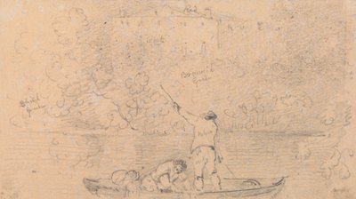 Croquis de deux hommes dans un bateau et une maison sur le rivage - Capt. Thomas Hastings