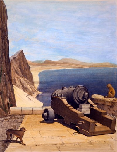 La Batterie Méditerranéenne, Gibraltar, gravure par TC Dibdin, de Select Views of the Rock and Fortress of Gibraltar, publié en 1846 - Captain J. M. Carter