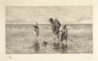 Quatre enfants jouant avec un bateau jouet sur la plage - Carel Lodewijk Dake