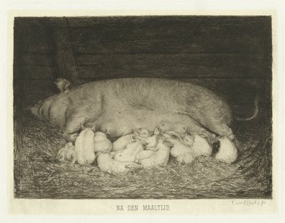 Truie avec porcelets allongés dans une étable - Carel Lodewijk Dake