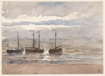Bateaux de pêche sur la plage de Katwijk à marée montante - Carel Nicolaas Storm van 