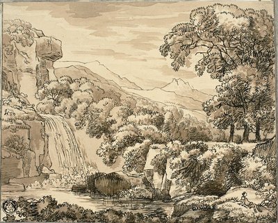 Paysage de montagne avec cascade et personnages - Carl August Lebschee