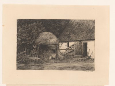 Ferme avec meule de foin et poules - Carl Bloch
