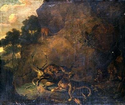 Tigres attaquant un cerf dans un paysage rocheux - Carl Borromaus Andreas Ruthart