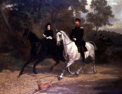 Une dame et un officier, peut-être le prince héritier et la princesse de Prusse, chevauchant dans un parc - Carl Constantin Steffeck