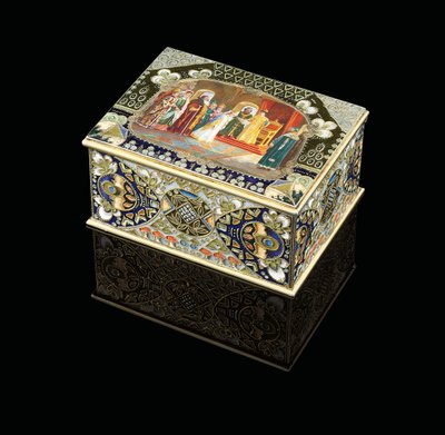 Une boîte de table avec cartouche peint représentant le tsar Alexis Mikhaïlovitch choisissant une épouse, vers 1908-1917 - Carl Fabergé