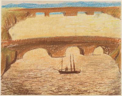 Longs ponts de pierre sur un fleuve avec un navire - Carl Fredrik Hill