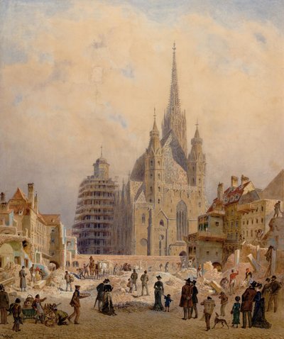 Vue de la cathédrale Saint-Étienne pendant la démolition du site de l