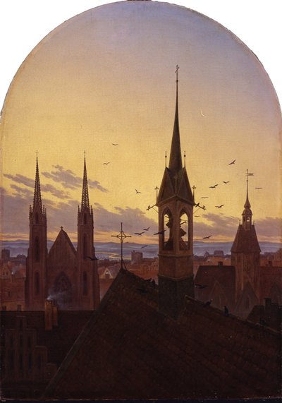 French : Frühläuten (Altdeutsche Stadt im Frühlicht) Morning peal (Old German city in the morning light) - Carl Gustav Carus