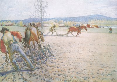 Les deux hommes avec leurs herses travaillaient méthodiquement de long en large - Carl Larsson