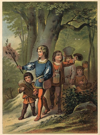 Les six enfants vont dans la forêt pour retrouver leur père avec Bouton d