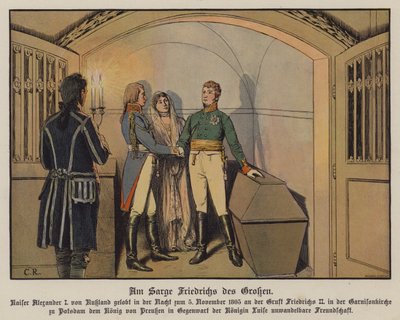 Le tsar Alexandre Ier de Russie visitant la tombe de Frédéric le Grand à Potsdam avec le roi Frédéric-Guillaume III et la reine Louise de Prusse et jurant son amitié indéfectible, 5 novembre 1805 - Carl Röchling