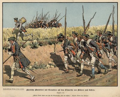 Mousquetaires et grenadiers prussiens en marche de Mahren à Kustrin - Carl Röchling
