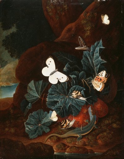 Nature morte au sol forestier avec un lézard, des papillons, un escargot et un serpent - Carl Wilhelm de Hamilton