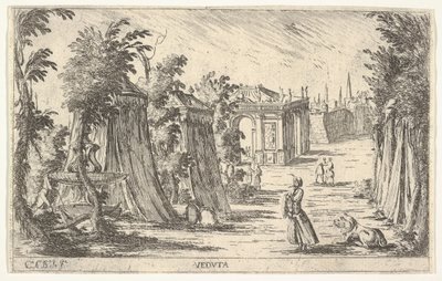 Vue avec un homme en turban et un lion à droite, tentes et architecture classique - Carlo Antonio Buffagnotti