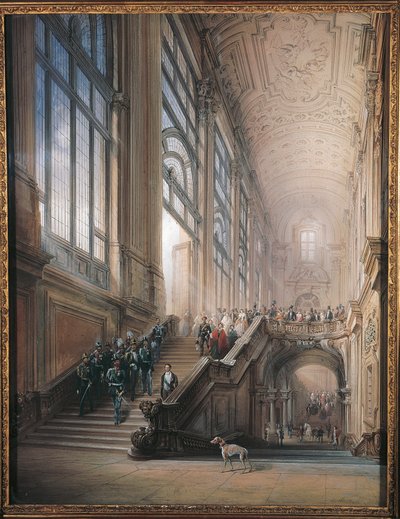 Le roi Victor Emmanuel II, Cavour, les ministres et la cour descendant l