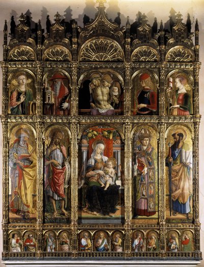 Polyptyque montrant une Pietà, et la partie inférieure une madone avec enfant - Carlo Crivelli