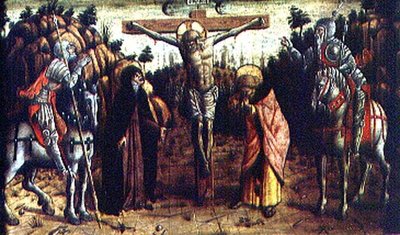 La Crucifixion, panneau central gauche de la prédelle du polyptyque de San Silvestro - Carlo Crivelli