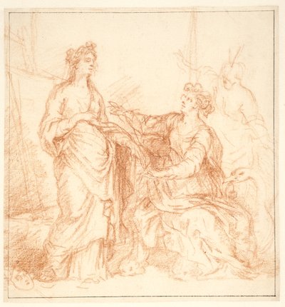 Composition allégorique avec trois figures féminines devant une image sur un chevalet, l