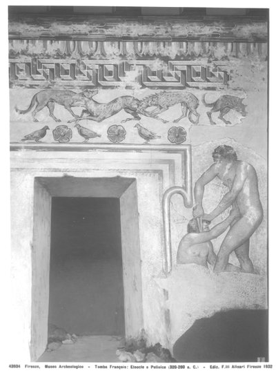 Marce Camitlnas et Cneve Tarchunies Rumach, reconstruction de la peinture murale étrusque dans la tombe François à Vulci vers 320-280 av. J.-C. (peinture murale) - Carlo Ruspi