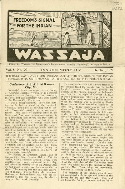 Numéro de Wassaja, Vol. 8, No. 20, octobre 1922 - Carlos Montezuma