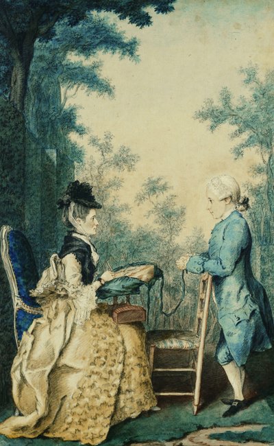 Une dame assise sur une terrasse brodant sur un tambour, avec un petit garçon debout devant elle - Carmontelle