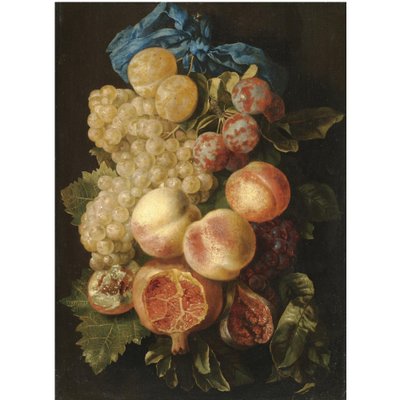 Nature morte avec des prunes, des raisins, des pêches et une grenade attachée avec un ruban bleu. - Carstian Luyckx