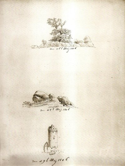 Arbre, tombe de dunkerque et tour - Caspar David Friedrich