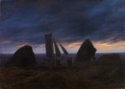 German : Fischerboot zwischen Findlingen am Ostseestrand Bateau de pêche entre deux rochers sur la plage de la mer Baltique - Caspar David Friedrich