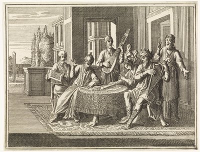 David est assis à une table et joue de la harpe - Caspar Luyken