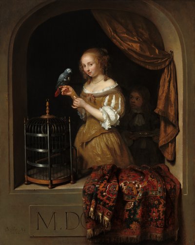 Une femme nourrissant un perroquet, avec un page - Caspar Netscher