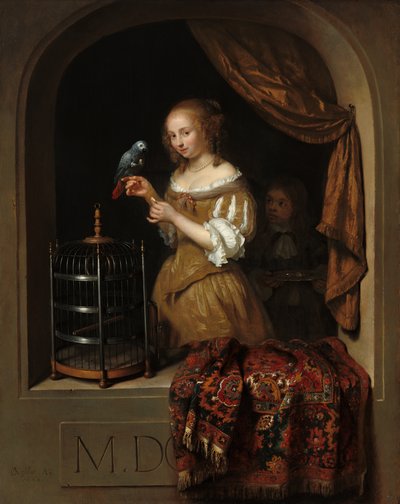 Une Femme Nourrissant un Perroquet, avec un Page - Caspar Netscher