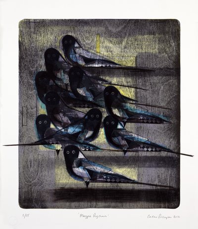 Rythme de la pie, 2016 (lithographie mokulito avec coloriage à la main) - Cathie Pilkington